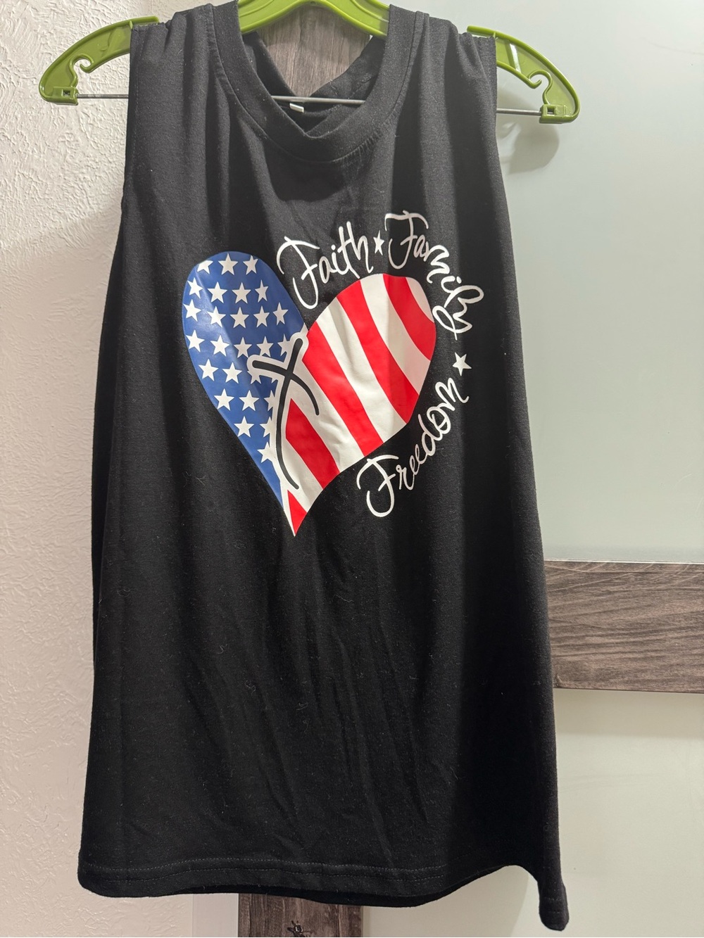 Women’s Black Muscle Tee with American Flag Heart Graphic